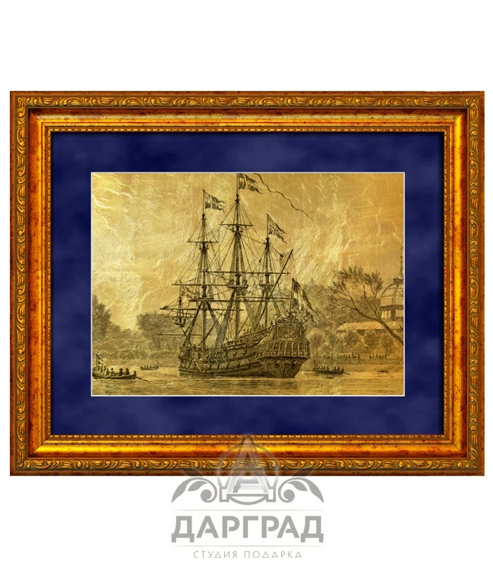 Картина на золоте «Фрегат в бухте» - №1